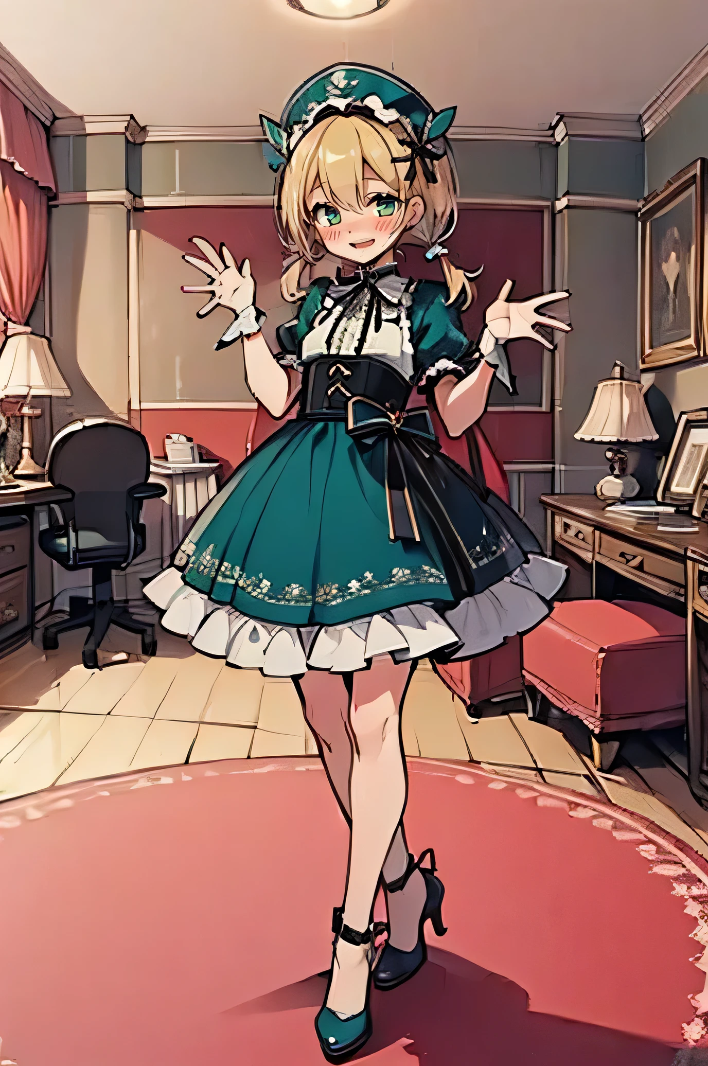 (masterpiece:1.2), (high quality:1.2), rekkyo sensen, rekkyou sensen, girls with(((1girl, solo, aiden d adams, white blonde hair, teal eyes, blush, short hair, frilled headdress, low twintails:1.3), (((dress, lace dress, glass high heels shoes, ribbon, full body))), hand up, waving, palm)), background with((bedroom, room:2.0))