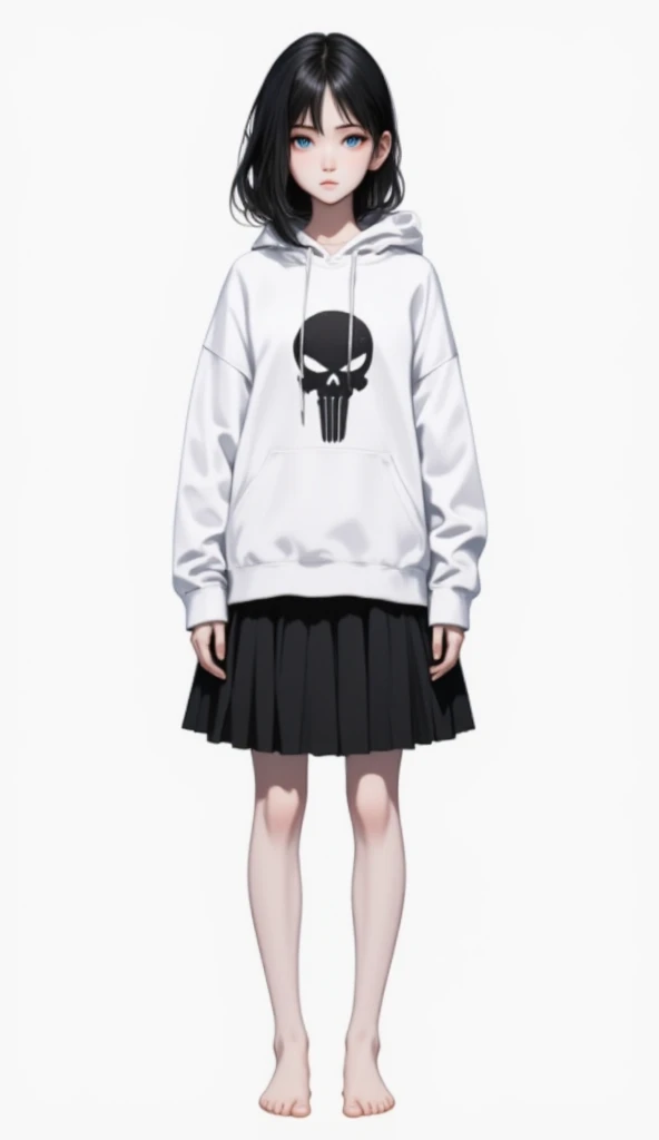 White background、  pure white background 、White background、 girl just standing , Only Girl、 full body shot from the front, ultra high resolution,  best quality、☠ HOODIE、 flat chest、 Beautiful Details、 black hair、 French blade:1.48、 black hair ×  blue eyes、 blue eyes、 serious expressions、 💀mark&#39;白い HOODIE、 Black Pleated Skirt 、barefoot