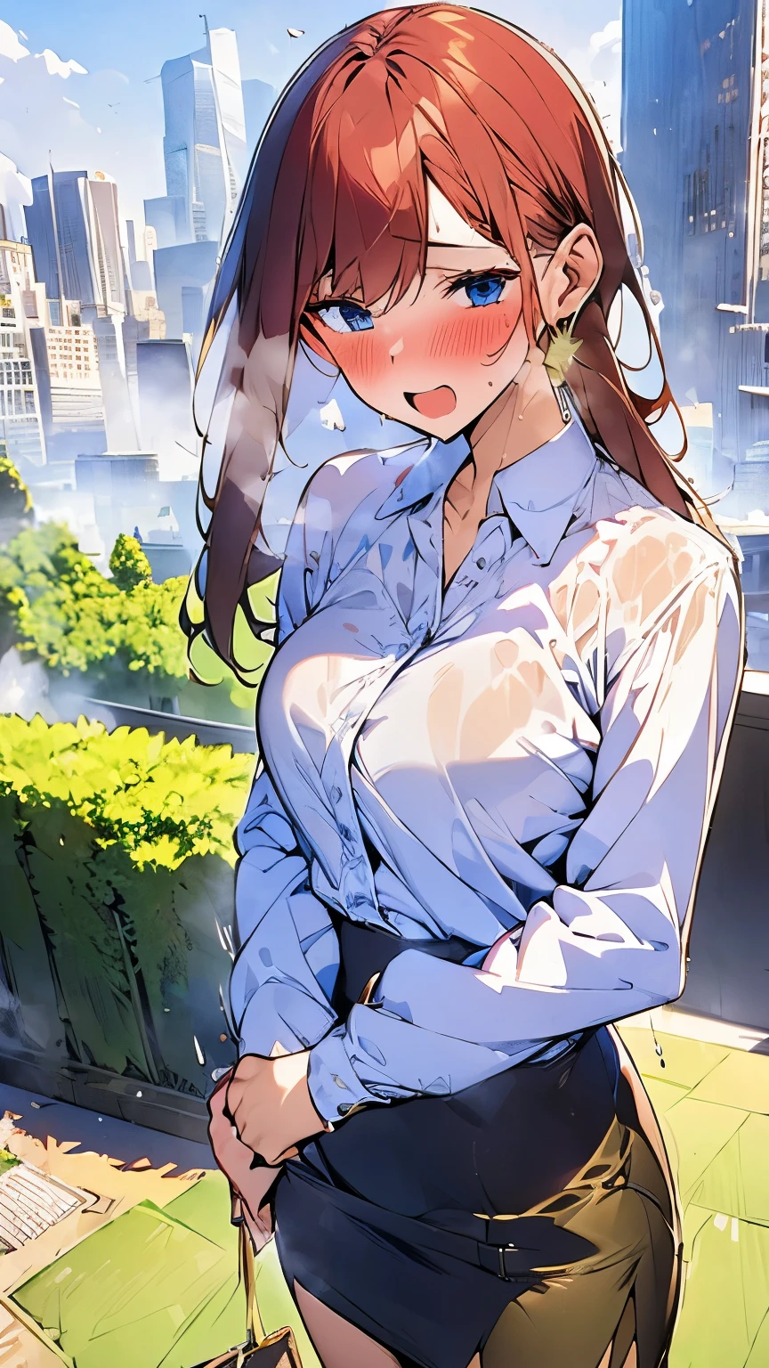 wet,wish,Torn clothes,Torn skirt,Wet clothes,Torn clothing,Standing woman, pencil skirt, high heels,Business bag,Blue sky in the background,Skyscrapers in the background