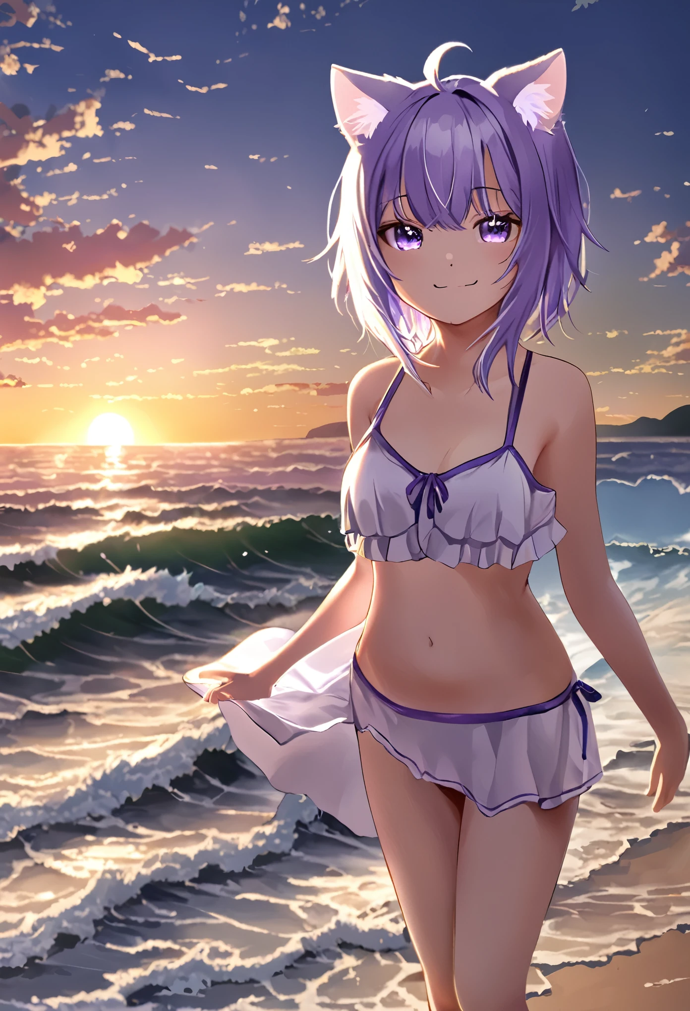 1 girl、hololive、Nekomata okayu、 animal ears 、solo、Purple Eyes、Purple Hair、Cat ears、ahoge、 animal ears の綿毛、chest、Hair between the eyes、Cat Girl、evening、beach、sunset、bikini、 swimsuit、 flip flops through the waves、左手で flip flops through the wavesを持っている、wind、右手でwindになびく髪を抑える、Smiling Kindly、null、sunset、Water&#39;s Edge、 standing