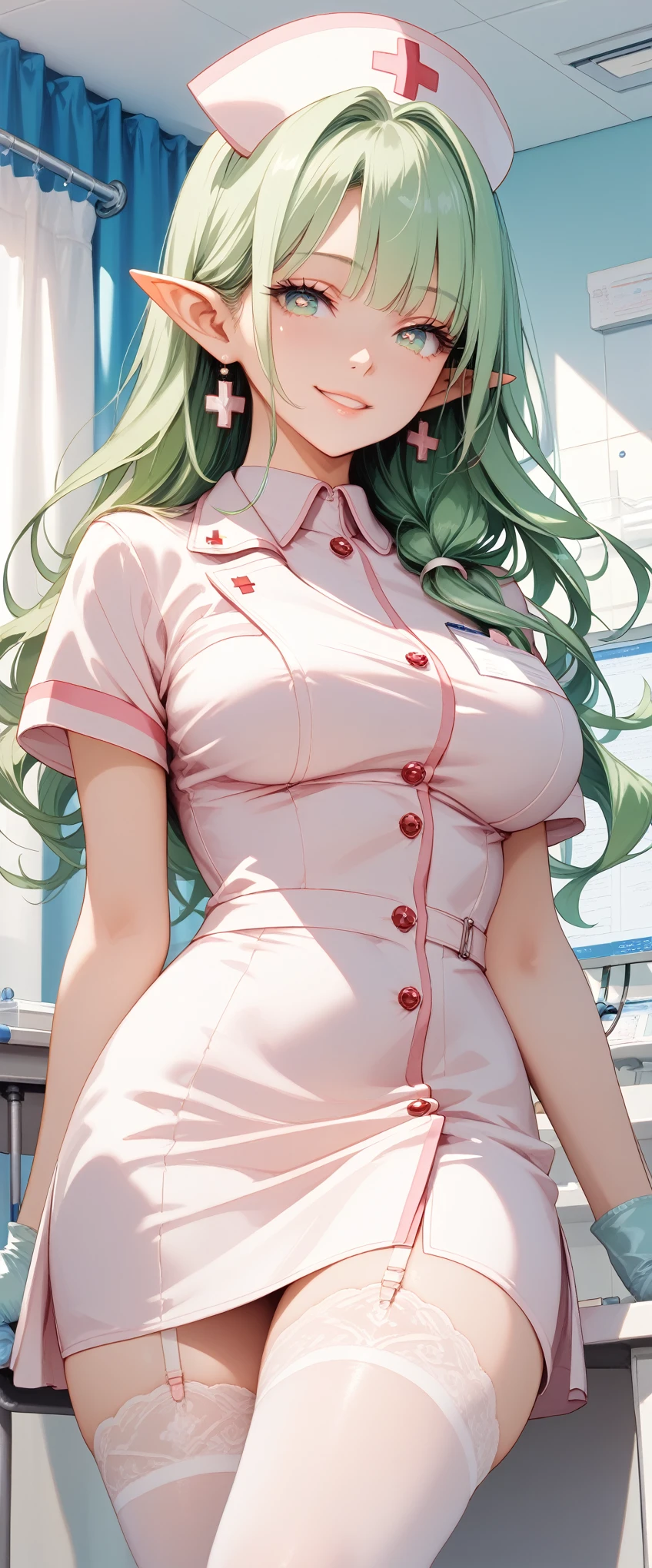 (((Best quality, 8k, Masterpiece: 1.3)), ((best quality)), ((masterpiece)), (detailed), perfect face, perfect body, (detailed skin:1.3), (intricate details), long eyelashes, solid circle eyes, light smile, green hair, hair over shoulder, long pointy ears, nurse cap, drop shadow, tachi-e, 8k, nurse, at hospital, White Stockings