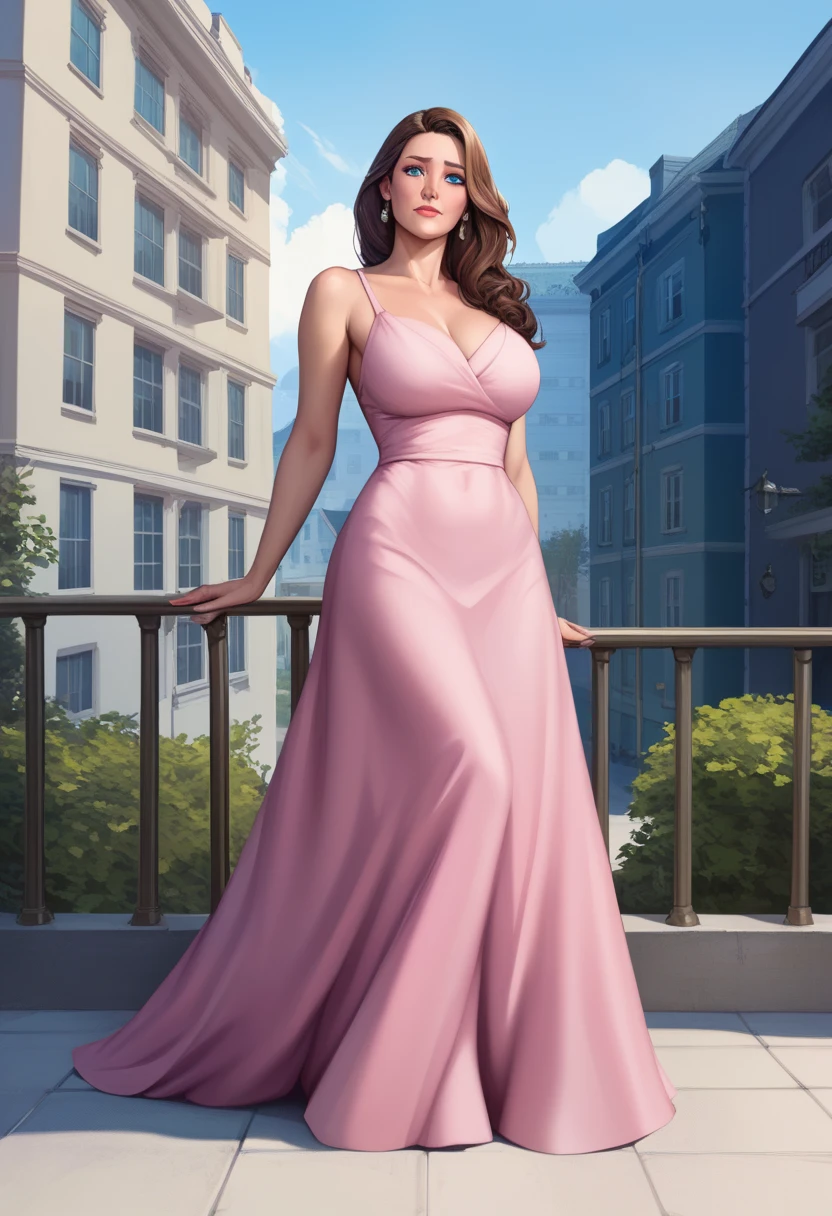 DisneyAurora 27 years old, ((( Taylor Swift:Emma Stone:0.7))) Beautiful woman (((shoulder length wavy light brown hair))) (bangs:1.2) (sparkling magenta dress, long skirt) iridescent clothing (purple eyes) defined body, Red lipstick, smiling, hands free, standing, high tech cyberpunk city rooftop, night, (huge_breasts:1.4) (curvy:1.3)(chubby:1.3)