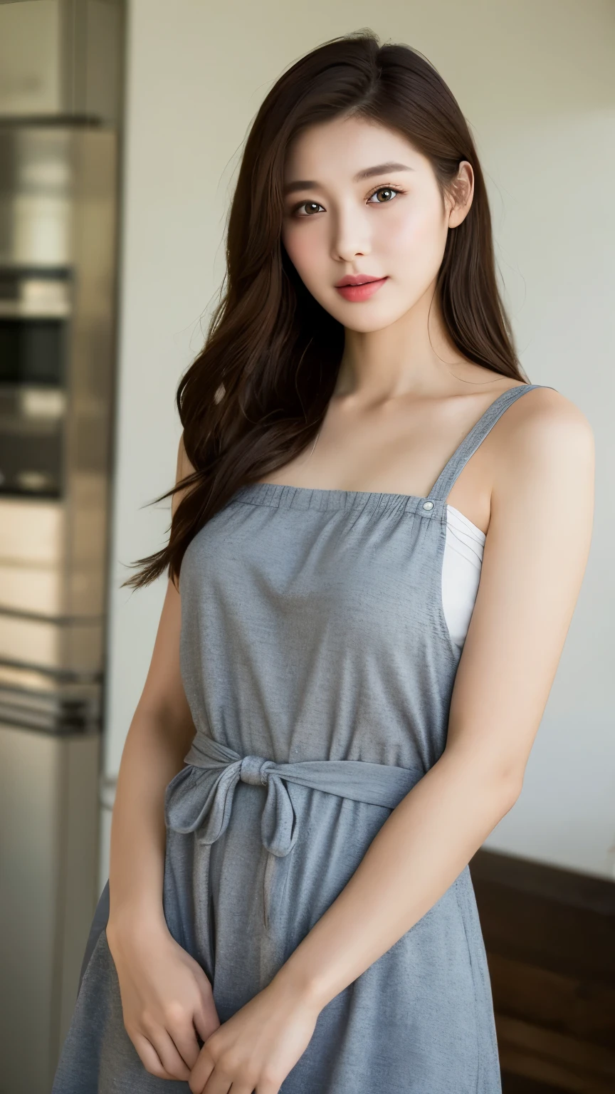 Young wife in the kitchen、Super detailed、Particles of light:0.5、Shiny and smooth skin texture、Put your hands together、Beautiful Eyes、dorsal position、Mouth half open、Natural Texture、Long Wavy Hair、、Mature slender beauty、Small breasts、Dignified face、Boyfriend Shirt、Belly button、slouch、Showing the groin、Chest