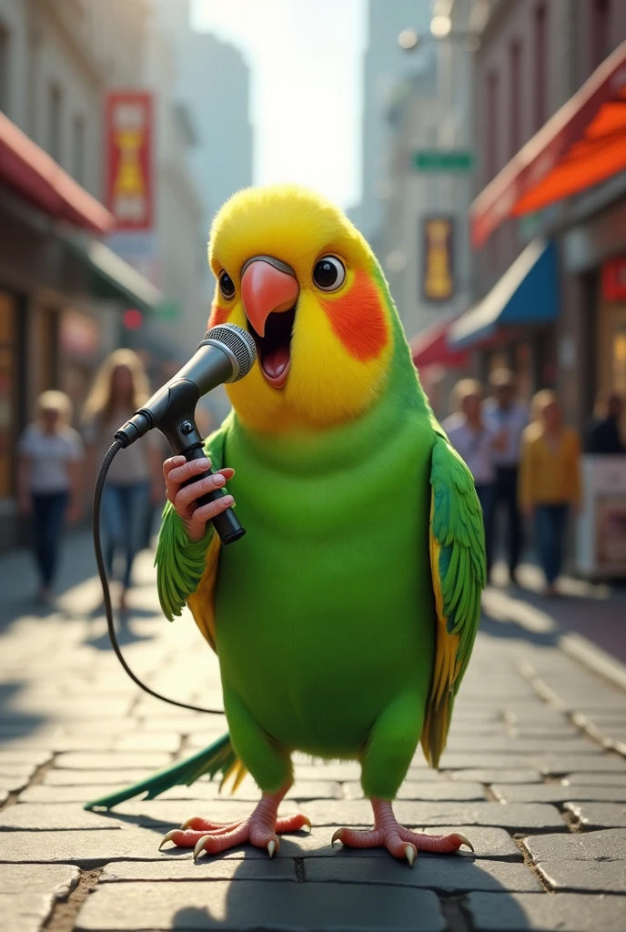 A budgerigar stands on the street , with a microphone with him and it says next to him: MUSTAFA MUSTAFA