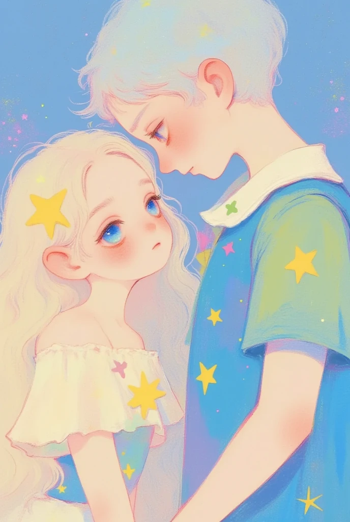 (masterpiece,  is the best quality:1.2),  colored pencil drawing, sketch,    dream illustration soft cute anime illustration, Lowe style, Fantasy art style,  blurred and dreamy illustration。couple