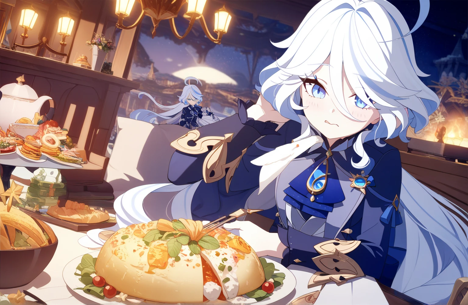 1girl, white hair, long hair, furina, genshin impact, open clothes, topic, skirt, looking at viewer, eatin makaroni sitting on dinner table at 16:00am  edge, masterpiece, 8k, ultra-detailed, highres, magical girl, simple food