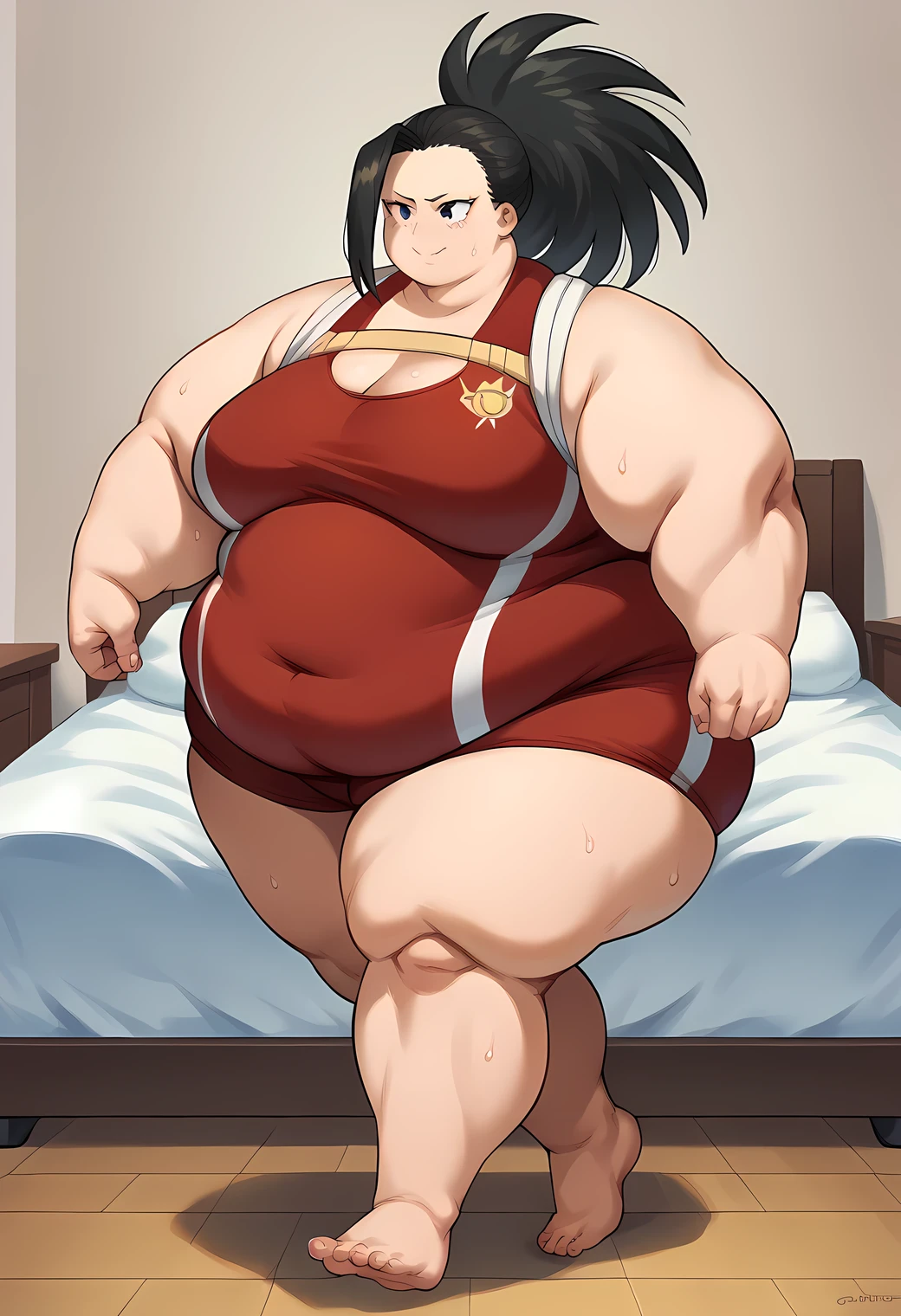 score_9, score_8_up, score_7_up, source_anime BREAK 1girl, Yaoyorozu momo, ganryu, swimsuit, bedroom, smile, sweating, growing fatter, fat, chubby, obese, full body shot, gigantic arms and legs, walking, facing veiwer, side view