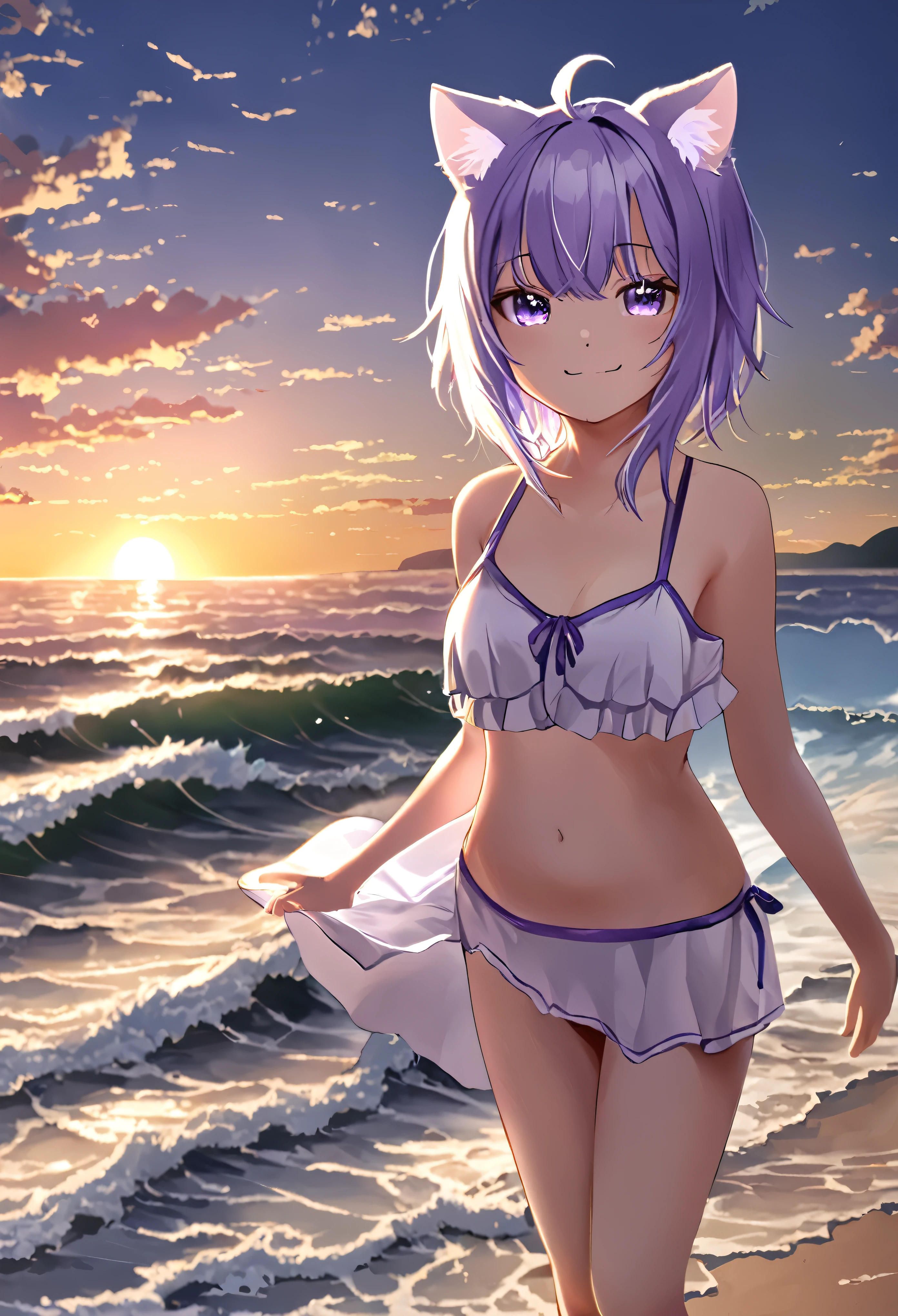 1 girl、hololive、Nekomata okayu、 animal ears 、Alone、Purple Eyes、Purple Hair、Cat ears、ahoge、 animal ears' fluff、chest、Hair between the eyes、Cat Girl、evening、beach、sunset、Bikini、 swimsuit、 flip flops through the waves、 hold flip flops through the waves with your left hand、Wind、右手でWindになびく髪を抑える、Smiling Kindly、null、sunset、Water&#39;s Edge、 standing