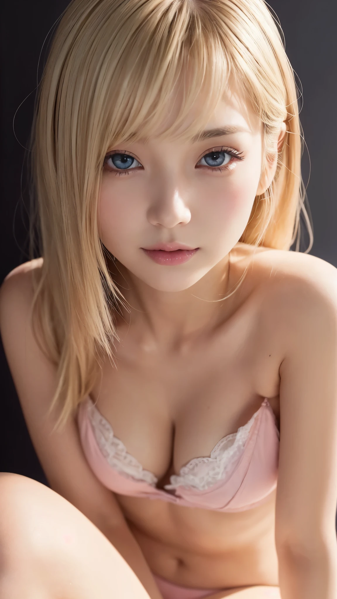 (Highest quality:1.4), (Super detailed), (Very delicate and beautiful), One Girl, Blonde, blue eyes, Bare shoulders, Beautiful breasts, Highly detailed CG synthesis 8k wallpaper, High-resolution RAW color photos, Professional photography, Sitting, Spread your legs wide, (No pants:1.3), Depth of written boundary, Twilight, sunset,