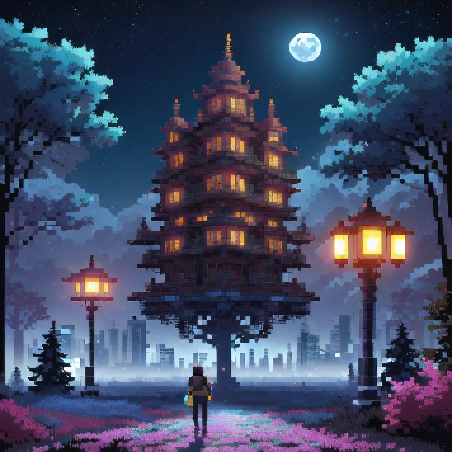 ((紫粉 City : 1.5)), (masterpiece), ( is the best quality: 1.0), ( Ultra High Resolution : 1.0), Detailed illustrations, Detailed Scenery , vibrant colors 紫粉 walking through the city, 8 K, night, Moon Clouds , ((magic, beautiful , Trees: 1.4 )), (( is the best quality, vibrant , 32 k Clear Lighting Effects )).