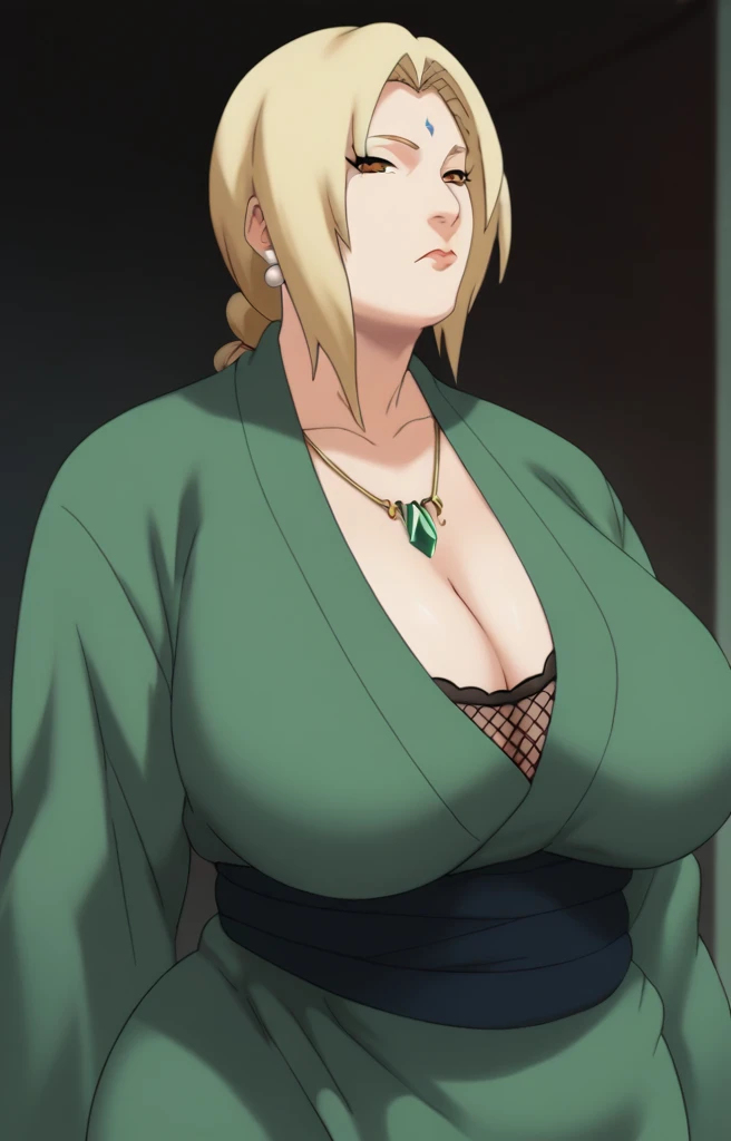 Tsunade senju,Big breast,Sagging big breast,Hitozuma,cleavage,uzumaki clan symbol in outfit,Wringkle in mouth,wedding ring,Sleeve outfit,old lady,Wringkle in face,Grandma who still have sexy body,Gilf,standing,potrait,Uzumaki tsunade,Sleeve,Wide hips,1girl,Solo,Tsunade necklace,Shirt with cleavage And uzumaki clan symbol,low bun hair,green Pearl earring,Hair behind ear,Colorless lips,Blond hair,visible side burn hair,Blunt bang hair,head facing front