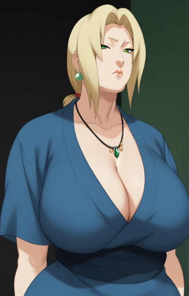 Tsunade senju,Big breast,Sagging big breast,Hitozuma,cleavage,uzumaki clan symbol in outfit,Wringkle in mouth,wedding ring,Sleeve outfit,old lady,Wringkle in face,Grandma who still have sexy body,Gilf,standing,potrait,Uzumaki tsunade,Sleeve,Wide hips,1girl,Solo,Tsunade necklace,Shirt with cleavage And uzumaki clan symbol,low bun hair,green Pearl earring,Hair behind ear,Colorless lips,Blond hair,visible side burn hair,Blunt bang hair,head facing front