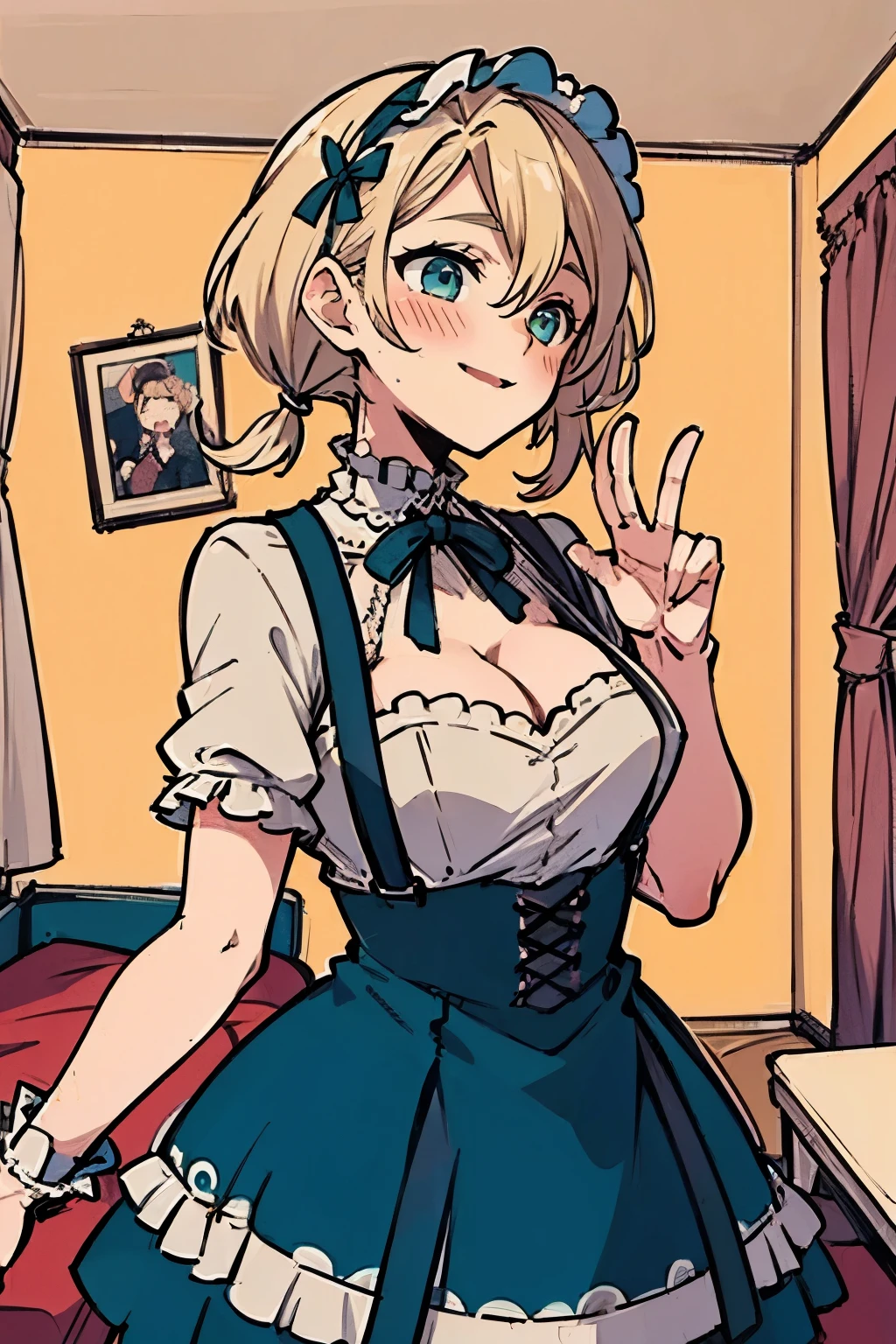 (masterpiece:1.2), (high quality:1.2), rekkyo sensen, rekkyou sensen, girls with(((1girl, solo, aiden d adams, white blonde hair, teal eyes, blush, short hair, frilled headdress, low twintails:1.3), (((neck ribbon, suspenders, dress, cleavage, lace dress, ribbon))), hand up, waving, palm)), background with((bedroom, room:2.0))