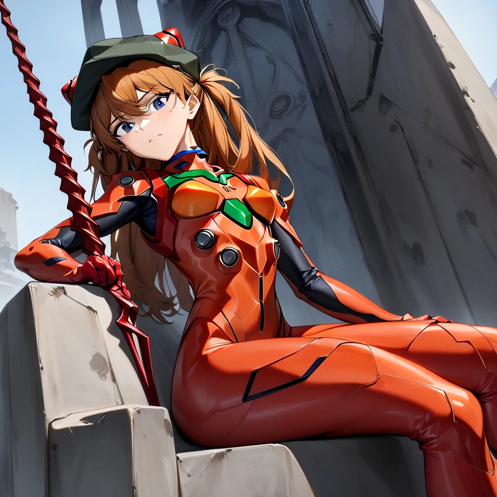 1girl,  Soryu Asuka Langley,  Neon Genesis Evangelion, Evangelion: New Theatrical Edition, Lance of Longinus, Cat hat, Plug Suit,  Pilot Suit ,  red bodysuit ,  sitting,  legs crossed , Black eyepatch, Throne,  looking down , From below,  watching viewers, Outdoor, masterpiece,  best quality,  very aesthetic,  ultra high resolution