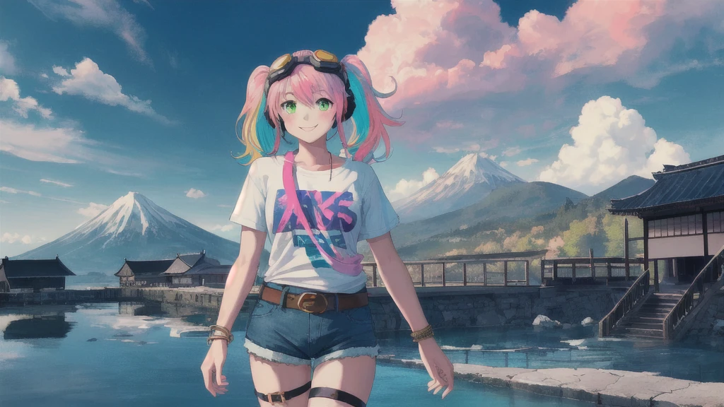 japanese, 1girl, belt, bracelet, cowboy shot, goggles, goggles on head, green eyes, multicolored hair, pink hair, blue hair, neon stripes, horror theme, green hair, headphones, headphones around neck, jewelry, long hair, looking at viewer, shirt, short sleeves, shorts, smile, solo, thigh strap, twintails, blue sky, cloud, cloudy sky, day, mountain, outdoors, reflection, scenery, sky, stairs, water, masterpiece, official art