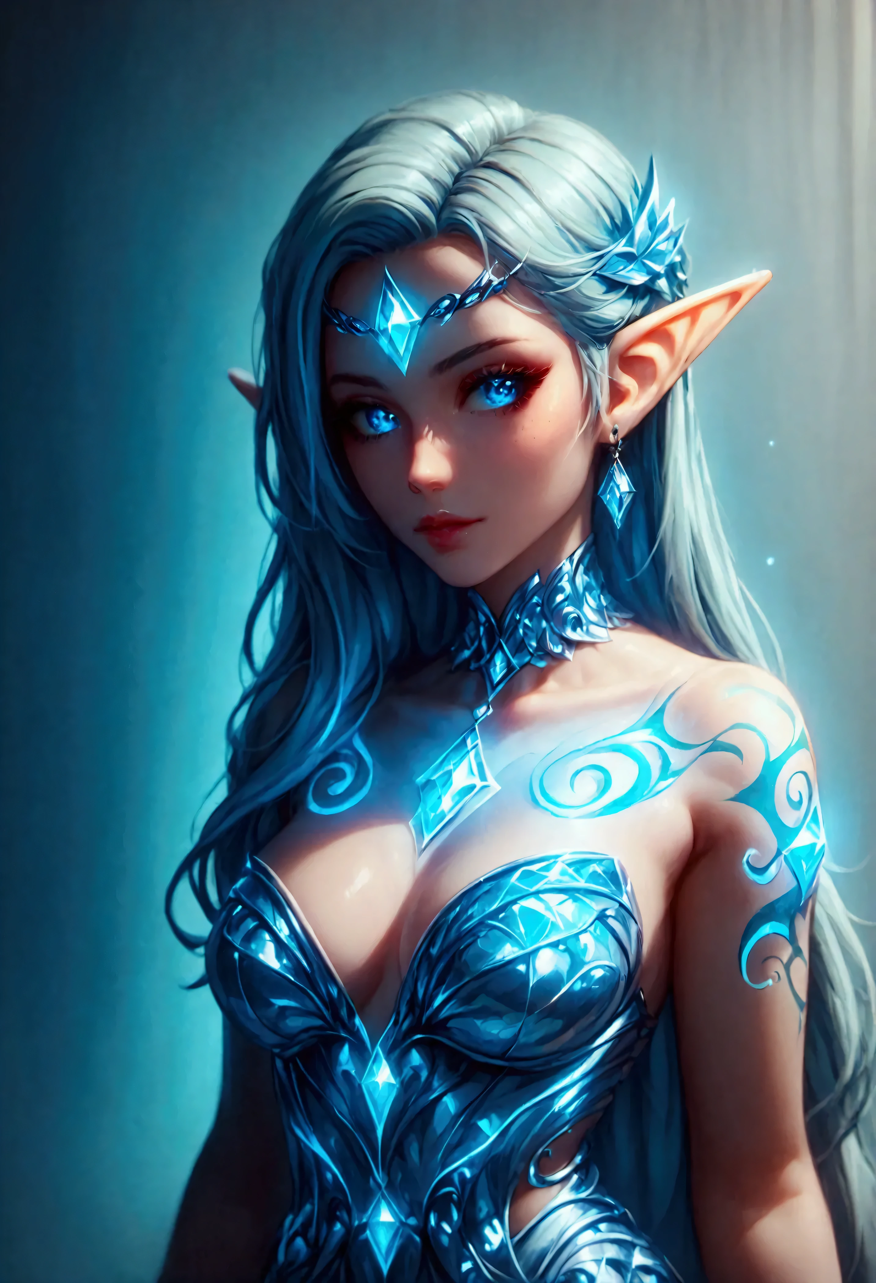 score_9, score_8_up, score_7_up, Games Character, elf, (beautiful girl:1.3),1girl, solo, Luminescent elf wings, (Glowing Tattoo), diamondWM, diamond dress, holding an epic sized diamond stone, upper body,