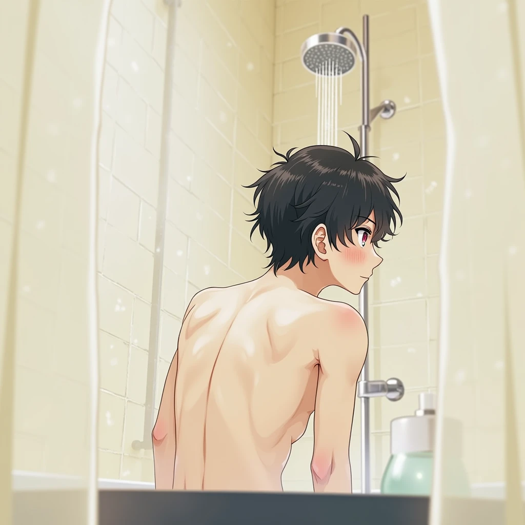 black hair, short hair, brown eyes, hair between eyes, ash ketchum, shirtless, his penis aren't seen naked, taking a shower, he's behind of a glass door