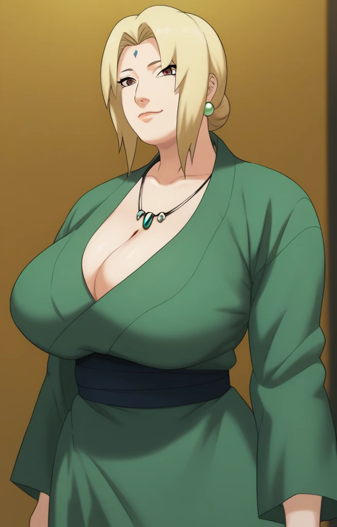 Tsunade senju,Big breast,Sagging big breast,Hitozuma,cleavage,uzumaki clan symbol in outfit,Wringkle in mouth,wedding ring,Sleeve outfit,old lady,Wringkle in face,Grandma who still have sexy body,Gilf,standing,potrait,Uzumaki tsunade,Sleeve,Wide hips,1girl,Solo,Tsunade necklace,Shirt with cleavage And uzumaki clan symbol,low bun hair,green Pearl earring,Hair behind ear,Colorless lips,Blond hair,Blunt bang hair,happy