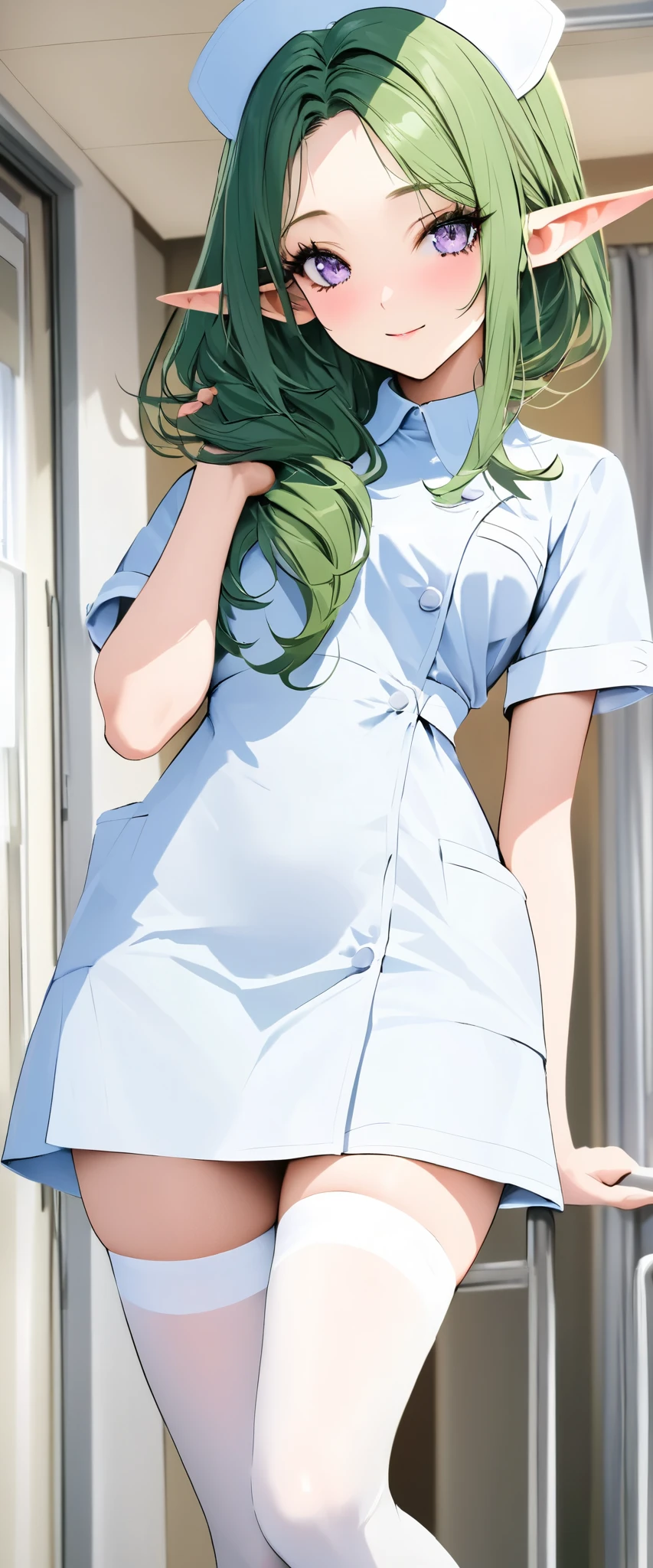 (((Best quality, 8k, Masterpiece: 1.3)), ((best quality)), ((masterpiece)), (detailed), perfect face, perfect body, (detailed skin:1.3), (intricate details), long eyelashes, solid circle eyes, light smile, green hair, hair over shoulder, long pointy ears, nurse cap, drop shadow, tachi-e, 8k, nurse, at hospital, White Stockings