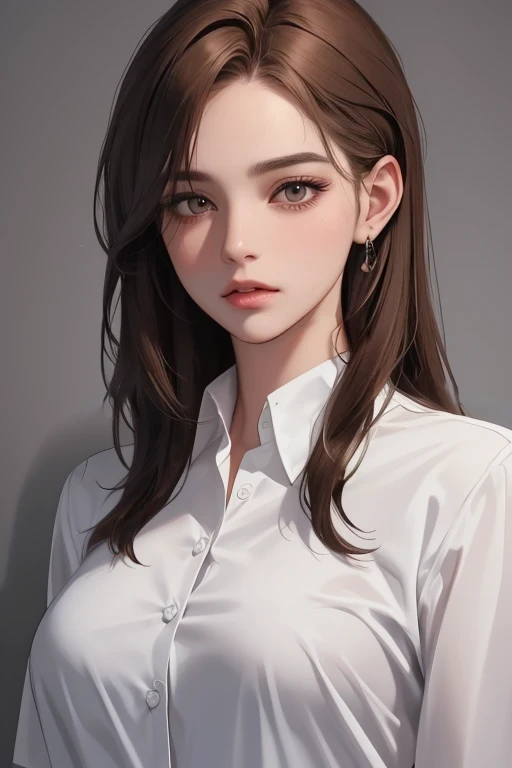 ((Best quality, 8k, Masterpiece :1.3)), Sharp focus :1.2, A pretty woman with perfect figure :1.4, Slender abs :1.2, ((Dark brown hair, Big breasts :1.2)), (White button up long shirt :1.1), City street:1.2, Highly detailed face and skin texture, Detailed eyes, Double eyelid