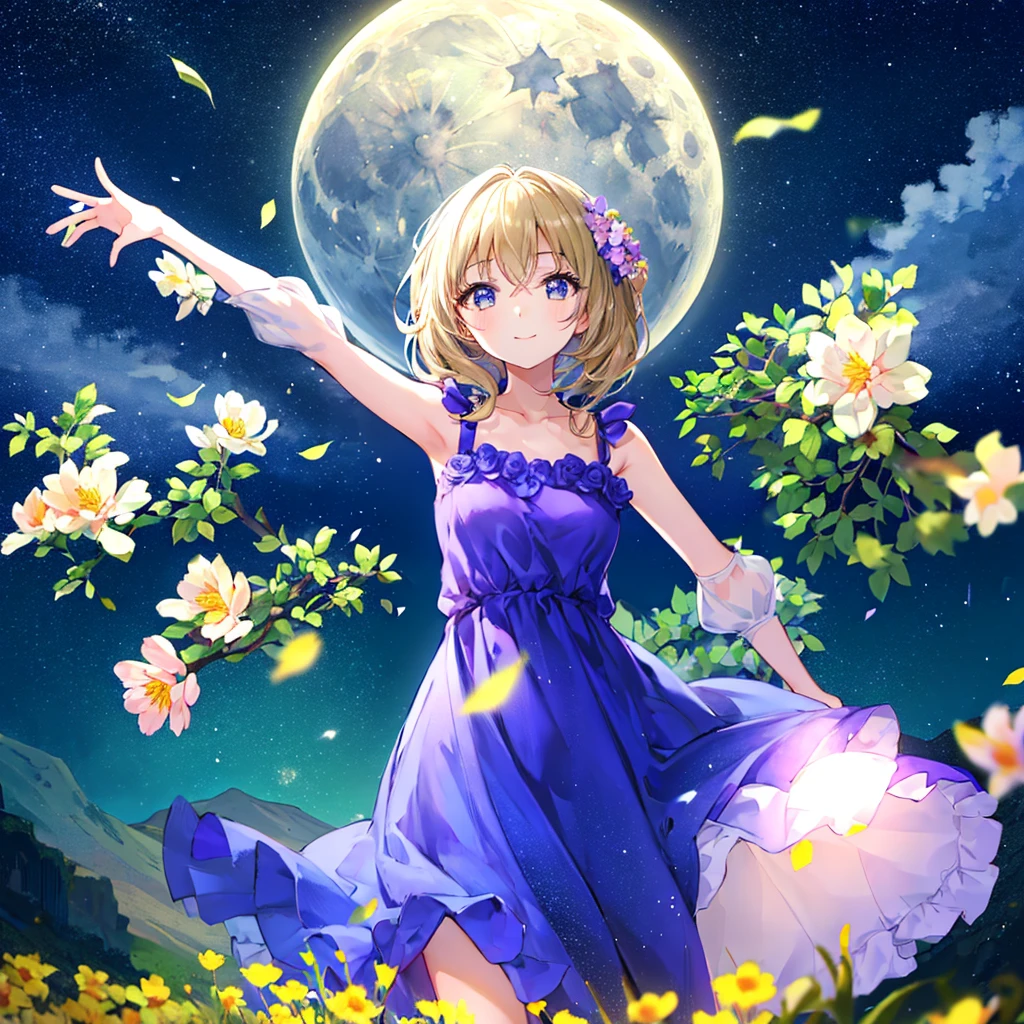  Beautiful Girl、smile、 Cute Dress 、 it's spinning and dancing 、Flower Field、 the flowers are glowing like glass、A screen full of flowers、Rolling Hills、It's illuminated by the moon 、