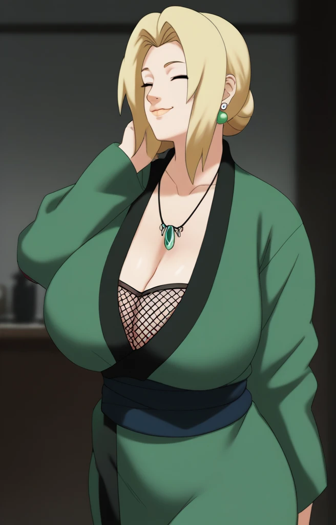 Tsunade senju,Big breast,Sagging big breast,Hitozuma,cleavage,uzumaki clan symbol in outfit,Wringkle in mouth,wedding ring,Sleeve outfit,old lady,Wringkle in face,Grandma who still have sexy body,Gilf,standing,potrait,Uzumaki tsunade,Sleeve,Wide hips,1girl,Solo,Tsunade necklace,Shirt with cleavage And uzumaki clan symbol,low bun hair,green Pearl earring,Hair behind ear,Colorless lips,Blond hair,Blunt bang hair,happy,net bra