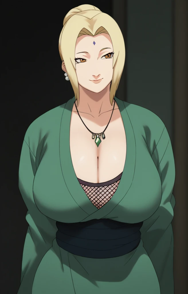 Tsunade senju,Big breast,Sagging big breast,Hitozuma,cleavage,uzumaki clan symbol in outfit,Wringkle in mouth,wedding ring,Sleeve outfit,old lady,Wringkle in face,Grandma who still have sexy body,Gilf,standing,potrait,Uzumaki tsunade,Sleeve,Wide hips,1girl,Solo,Tsunade necklace,Shirt with cleavage And uzumaki clan symbol,low bun hair,green Pearl earring,Hair behind ear,Colorless lips,Blond hair,Blunt bang hair,happy,net bra