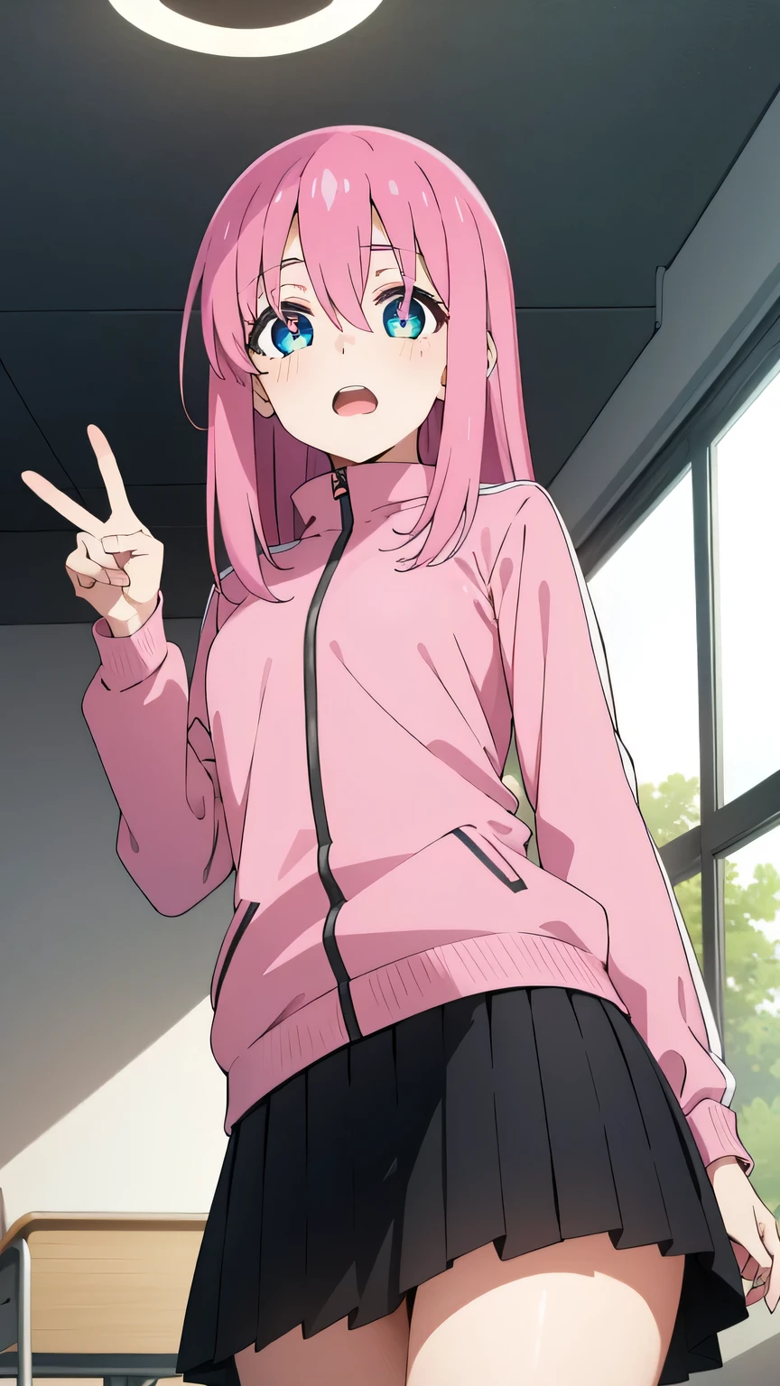 {{{masterpiece}}}, (best quality:1.5), (ultra-detailed:1.5), {illustration}, {{an extremely delicate and beautiful}}, (beautiful detailed eyes:1.6), absurdres, highres, extremely detailed face, 16k, hd, visual anime de uma jovem mulher, extremamente bonito rosto de anime, anime melhor garota, (perfect hands, perfect anatomy), anime face, hitori gotou(bocchi the rock), 1girl, solo, cute face, pink hair, long hair, (one side up:1.4), cube hair ornament, hair between eyes, hair ornament, sidelocks, big eyes, black pupils, blue eyes, medium breasts, thin waist, big hips, curvaceous, BREAK, jacket(tuck out), long sleeves, (pink jacket:1.5), track jacket, track suit, black skirt, pleated skirt, thighs, BREAK,1girl, cowboy shot, open mouth, kyoushitsu, classroom, indoors, school chair, school desk, chalkboard, window, ceiling light, curtains, peer in from below, looking at viewer, daytime, flushed cheeks, peace sign, trembling, flushed cheeks, look away