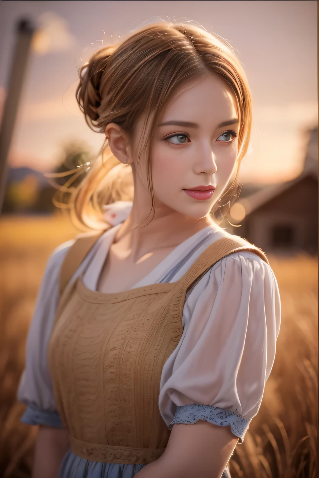 1 Girl, 20 years old, Tall and charming, Wearing a cute country dress, Hair Braiding, Standing in a rustic farm setting. She has a soft,  A gentle smile and expressive eyes . A charming barn in the background, Golden wheat fields and blue sky.   The composition should be bathed in warm golden time , ， Soft depth of field ，Soft bokeh ， highlights idyllic serenity . Capturing images， Just like shooting with vintage 35mm film，Add charm, Movie,