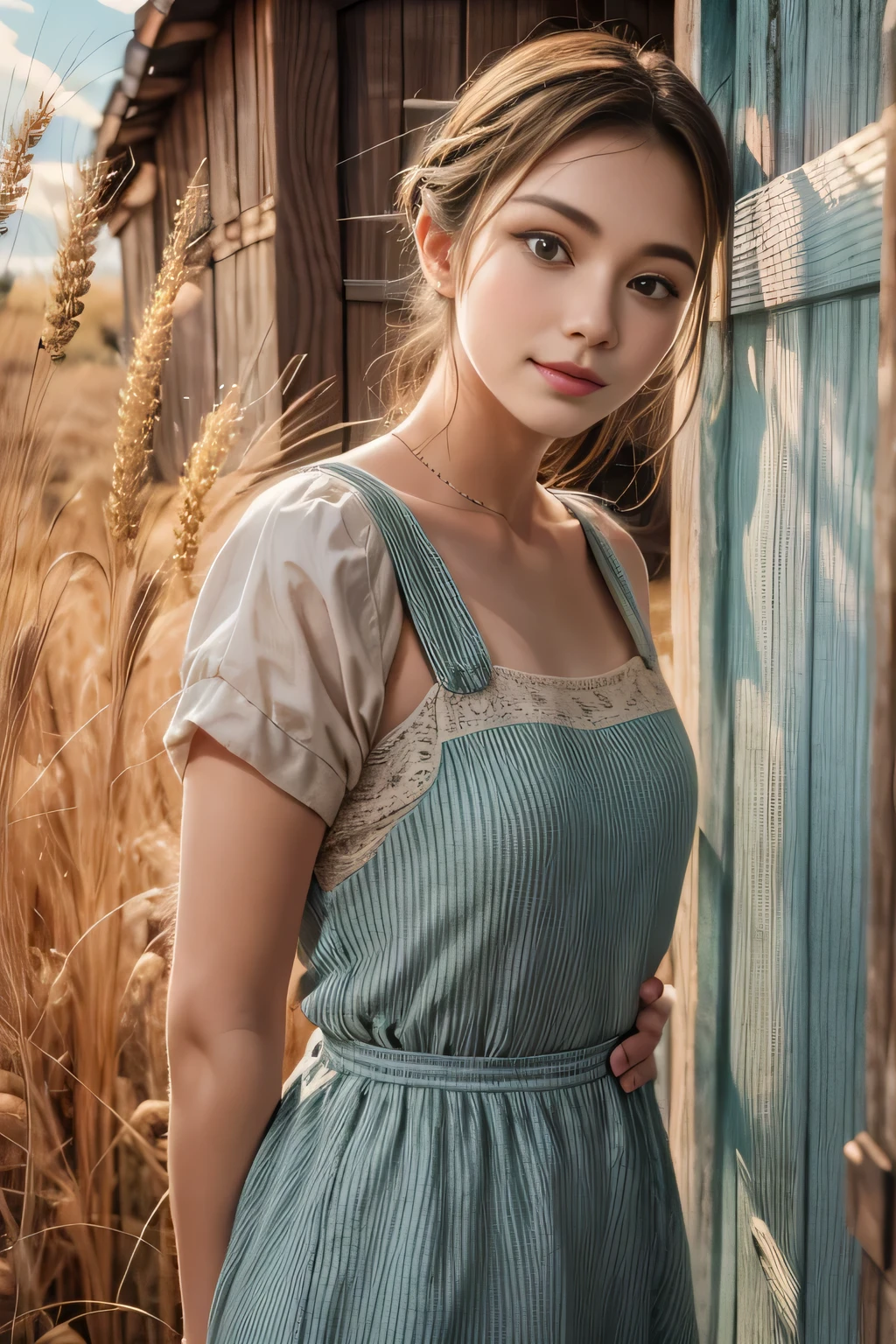 1 Girl, 20 years old, Tall and charming, Wearing a cute country dress, Hair Braiding, Standing in a rustic farm setting. She has a soft,  A gentle smile and expressive eyes . A charming barn in the background, Golden wheat fields and blue sky.   The composition should be bathed in warm golden time , ， Soft depth of field ，Soft bokeh ， highlights idyllic serenity . Capturing images， Just like shooting with vintage 35mm film，Add charm, Movie,