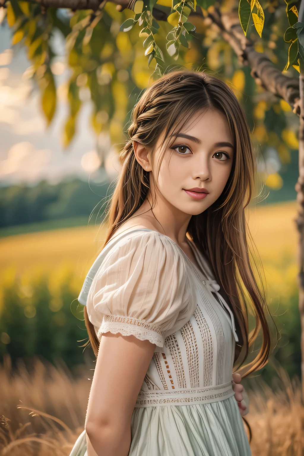 1 Girl, 20 years old, Tall and charming, Wearing a cute country dress, Hair Braiding, Standing in a rustic farm setting. She has a soft,  A gentle smile and expressive eyes . A charming barn in the background, Golden wheat fields and blue sky.   The composition should be bathed in warm golden time , ， Soft depth of field ，Soft bokeh ， highlights idyllic serenity . Capturing images， Just like shooting with vintage 35mm film，Add charm, Movie,