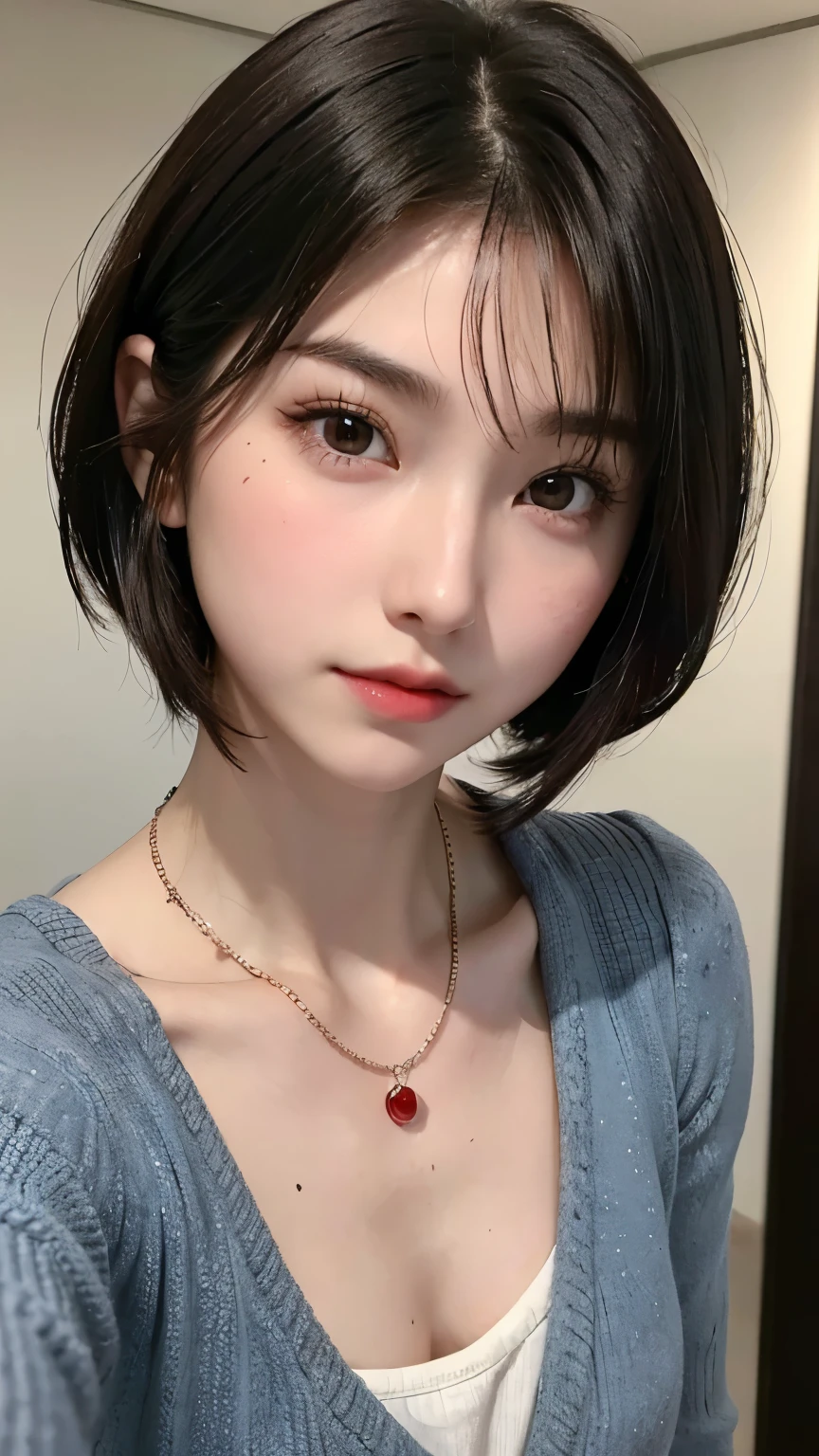 (highest quality、on the table、8K、best image quality、Award-winning work)、(young girl, 14 years old:1.3)、(Perfect V-neck long red sweater:1.2)、(red eyeshadow:1.2)、perfect makeup、long eyelashes、Ultra HD Shining Eyes、ultra hd hair、ultra high resolution glossy lips、Super high resolution perfect teeth、Super high resolution cute face、brown hair、(very short straight hair:1.1)、look at me and smile、[clavicle]、accurate anatomy、Luxury love hotel、(the moodiest warm light:1.2)、blurred background、have bangs、Super high-resolution glossy and moisturized face、Super high resolution glowing skin、The most delicate face、Ultra high resolution detailed faces、ultra high resolution hair、Super high resolution shining eyes、Beautiful face with detailed expression、Super high resolution glossy red lips、big breasts、Split、fashion necklace、white camisole