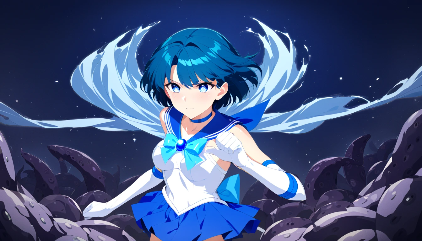 girl masterpiece, best quality, high resolution, best detailed, blue hair, shiny hair, short hair, sailor senshi uniform, blue sailor collar, blue skirt, pleated skirt, mini skirt, elbow gloves, white gloves, white leotard, choker, blue choker, blue long boots, light blue chest ribbon, blue brooch, fighting stance, night sky, full moon, despair, many tentacles,