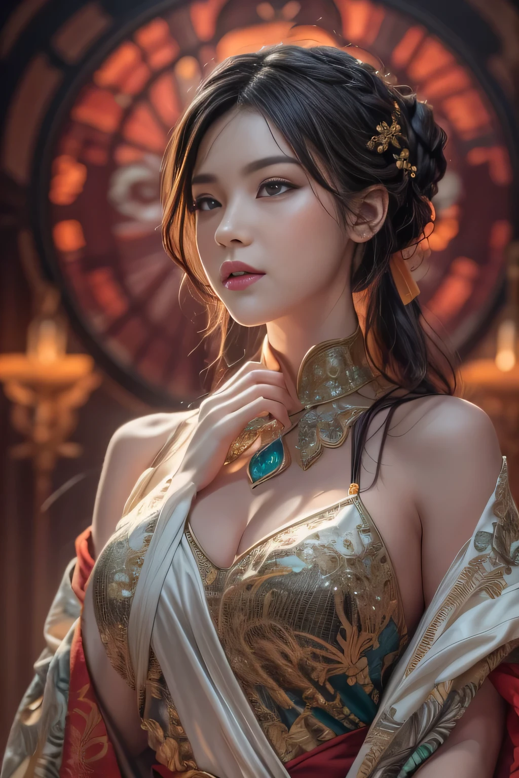 雾中长着黑色长发的 emb-rebecca 肖像,  movie lights from the waist, photo Actual , Gorgeous,  intricate ,  Actual ,  detailed, volumetric light and shadow  intricate , Elegant, highly  detailed,  digital painting , ArtStation,  conceptual art , smooth,  clearly focuses , illustration, art by artgerm and greg rutkowski and alphonse mucha, super  detailed