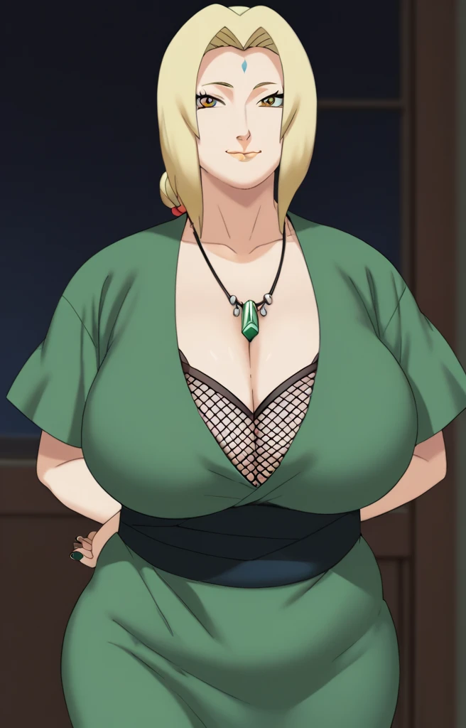 Tsunade senju,Big breast,Sagging big breast,Hitozuma,cleavage,uzumaki clan symbol in outfit,Wringkle in mouth,wedding ring,Sleeve outfit,old lady,Wringkle in face,Grandma who still have sexy body,Gilf,standing,potrait,Uzumaki tsunade,Sleeve,Wide hips,1girl,Solo,Tsunade necklace,Shirt with cleavage And uzumaki clan symbol,low bun hair,green Pearl earring,Hair behind ear,Colorless lips,Blond hair,Blunt bang hair,happy,net bra,Face facing front