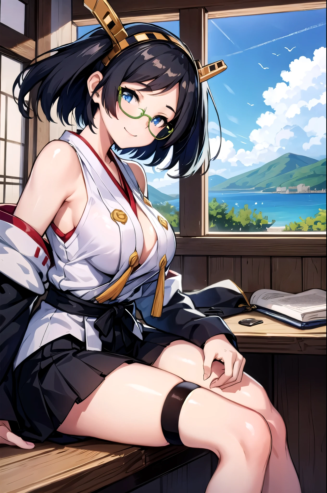 (masterpiece,  best quality:1.2),Illustration,8k, Hi-Res, 1 girl,Alone, cowboy shots,((Kirishima (Kantai Collection))), short hair,skirt, black hair,Glasses,Sleeves with bows ,Sleeveless,Ribbon trim,  wears green framed eyewear,smile,Knee-high, headgear ,black skirt,japanese clothes, headband, non-traditional shrine maiden , blue eyes,breast,プリーツskirt,