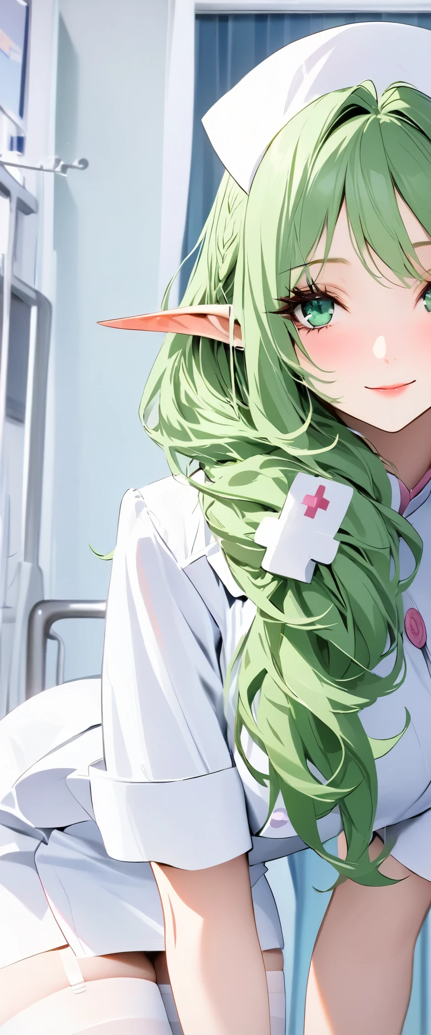 (((Best quality, 8k, Masterpiece: 1.3)), ((best quality)), ((masterpiece)), (detailed), perfect face, perfect body, (detailed skin:1.3), (intricate details), long eyelashes, solid circle eyes, light smile, green hair, hair over shoulder, long pointy ears, nurse cap, drop shadow, tachi-e, 8k, nurse, at hospital, White Stockings