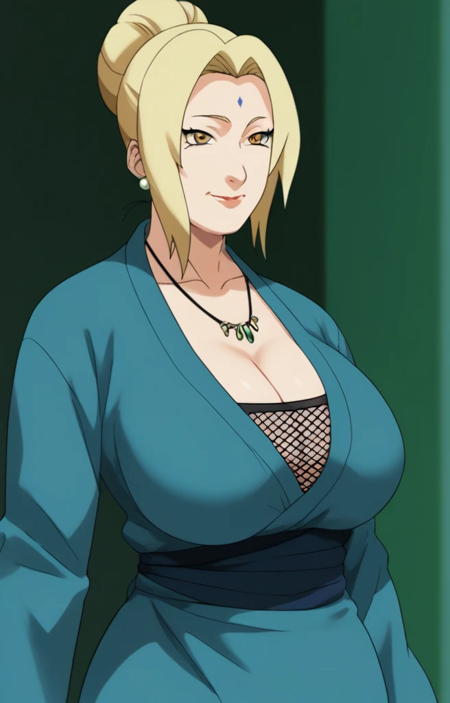 Tsunade senju,Big breast,Sagging big breast,Hitozuma,cleavage,uzumaki clan symbol in outfit,Wringkle in mouth,wedding ring,Sleeve outfit,old lady,Wringkle in face,Grandma who still have sexy body,Gilf,standing,potrait,Uzumaki tsunade,Sleeve,Wide hips,1girl,Solo,Tsunade necklace,Shirt with cleavage And uzumaki clan symbol,low bun hair,green Pearl earring,Hair behind ear,Colorless lips,Blond hair,Blunt bang hair,happy,net bra,Face facing front