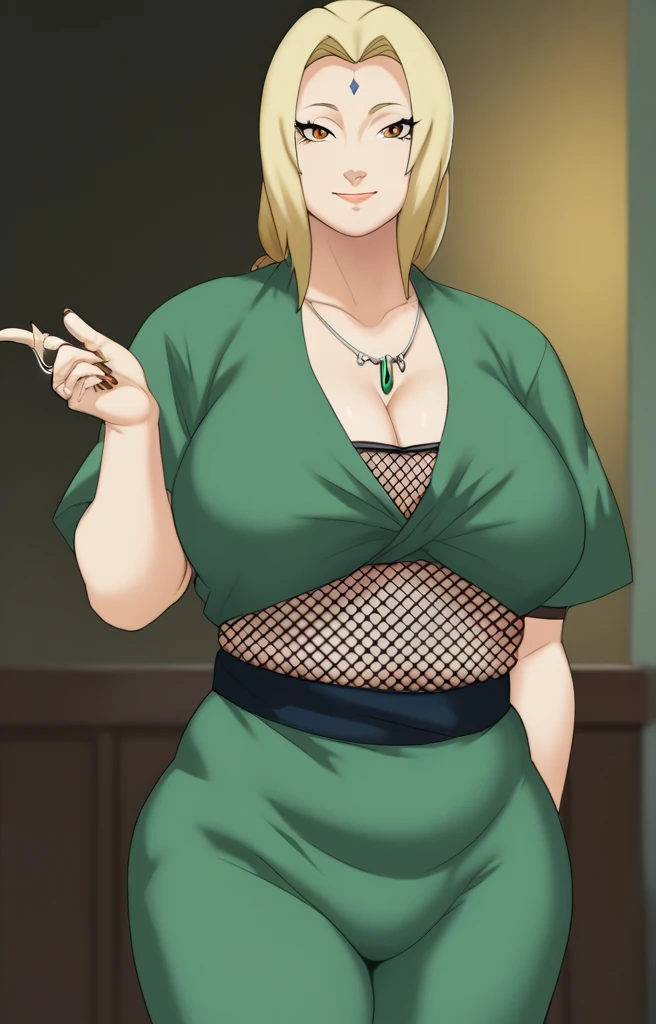 Tsunade senju,Big breast,Sagging big breast,Hitozuma,cleavage,uzumaki clan symbol in outfit,Wringkle in mouth,wedding ring,Sleeve outfit,old lady,Wringkle in face,Grandma who still have sexy body,Gilf,standing,potrait,Uzumaki tsunade,Sleeve,Wide hips,1girl,Solo,Tsunade necklace,Shirt with cleavage And uzumaki clan symbol,long silky hair,green Pearl earring,Hair behind ear,Colorless lips,Blond hair,Blunt bang hair,happy,net bra,Face facing front