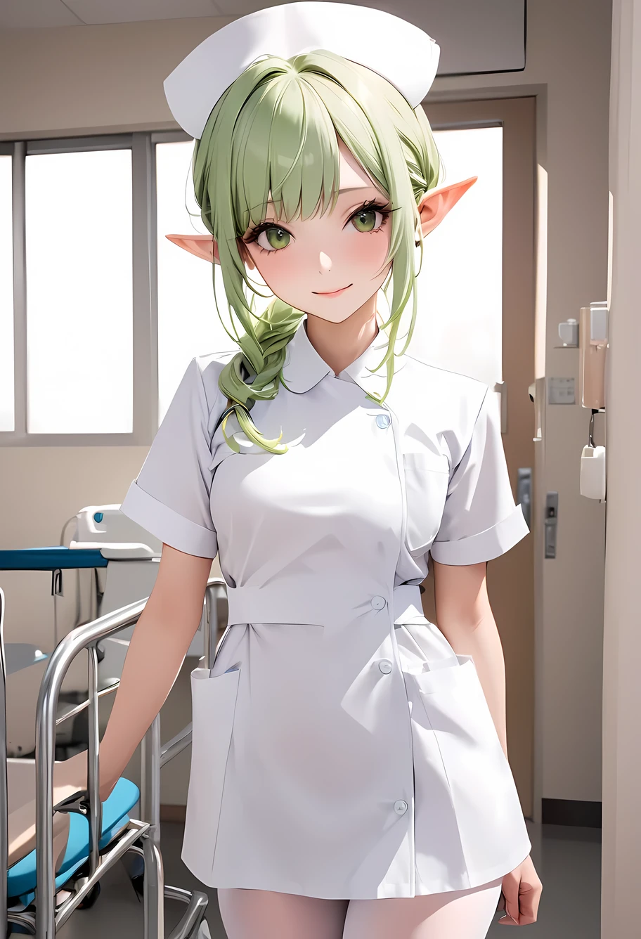 (((Best quality, 8k, Masterpiece: 1.3)), ((best quality)), ((masterpiece)), (detailed), perfect face, perfect body, (detailed skin:1.3), (intricate details), long eyelashes, solid circle eyes, light smile, green hair, hair over shoulder, long pointy ears, nurse cap, drop shadow, tachi-e, 8k, nurse, at hospital, White Stockings