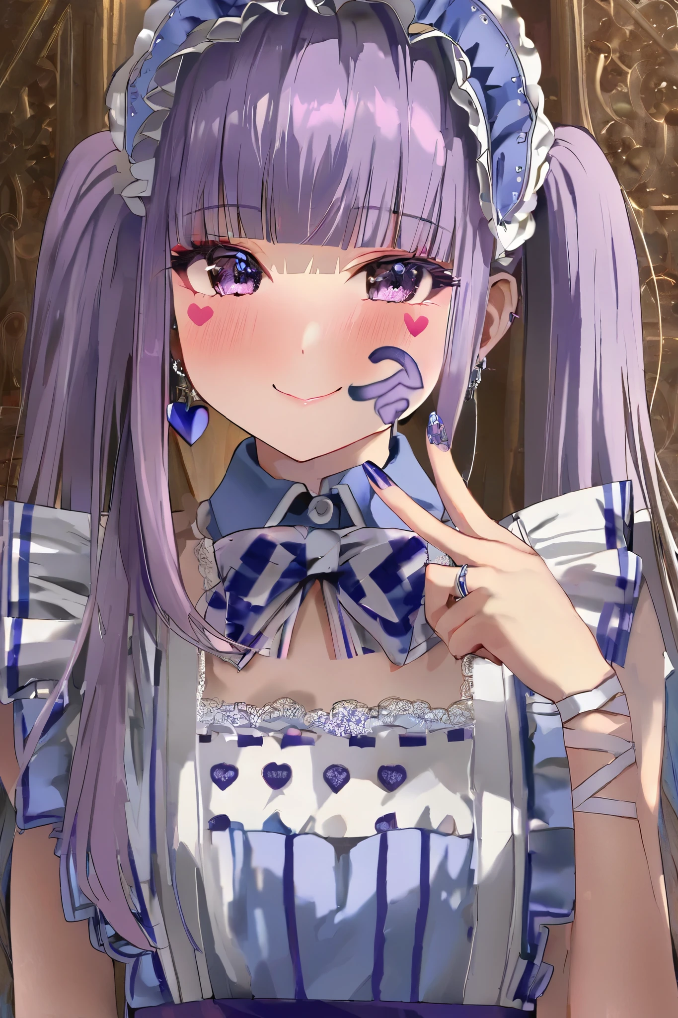 best quality, masterpiece, 748cmstyle, 1girl, heart facial mark, v over eye, nail polish, looking at viewer, purple eyes, purple nails, closed mouth, purple hair, blush, upper body, smile, maid apron, maid headdress, collared dress, white apron, twintails, blunt bangs, jewelry, blue dress, earrings, bonnet, multicolored hair, blue nails, sidelocks, blue headwear, hand up, fingernails