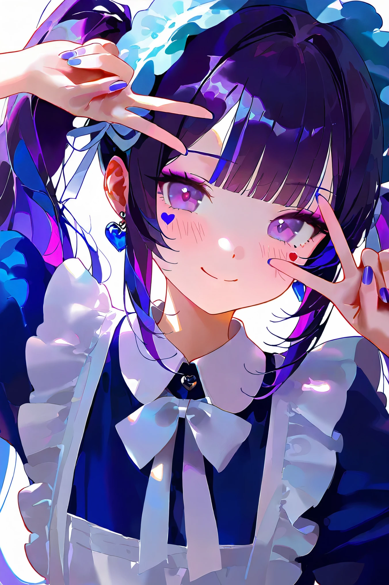 best quality, masterpiece, 748cmstyle, 1girl, heart facial mark, v over eye, nail polish, looking at viewer, purple eyes, purple nails, closed mouth, purple hair, blush, upper body, smile, maid apron, maid headdress, collared dress, white apron, twintails, blunt bangs, jewelry, blue dress, earrings, bonnet, multicolored hair, blue nails, sidelocks, blue headwear, hand up, fingernails