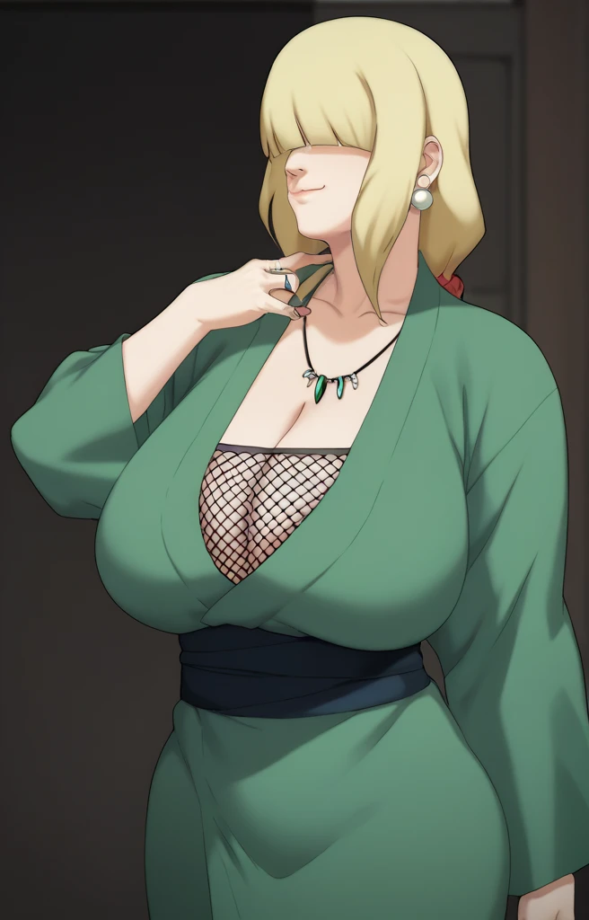 Tsunade senju,Big breast,Sagging big breast,Hitozuma,cleavage,uzumaki clan symbol in outfit,Wringkle in mouth,wedding ring,Sleeve outfit,old lady,Wringkle in face,Grandma who still have sexy body,Gilf,standing,potrait,Uzumaki tsunade,Sleeve,Wide hips,1girl,Solo,Tsunade necklace,Shirt with cleavage And uzumaki clan symbol,spreading swipe long wavy hair,green Pearl earring,Hair behind ear,Colorless lips,Blond hair,Blunt bang hair,happy,net bra,Face facing front