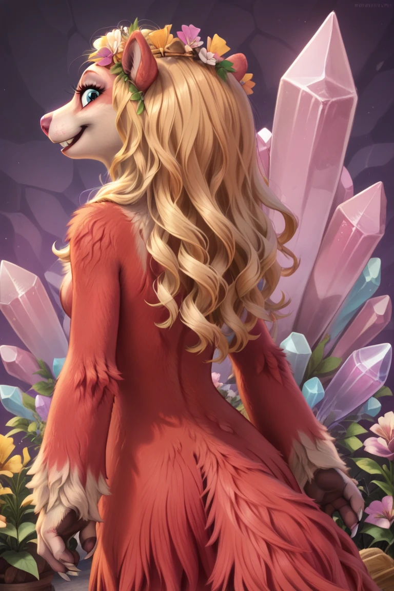 furry, anthro, female sloth, ground sloth, blue eyes, blonde hair, long wavy hair, red fur, red fur dress, blonde fur on upper body, two-toned fur, pink nose, buckteeth, hair ornament, white claws, no ear, score_9, score_8_up, score_7_up, BREAK, 1girl, solo, looking at viewer, cute, smiling, smug, from behind, looking back, female focus, looking at viewer, pink crystal background, detailed background, 4k, masterpiece, best quality, highly detailed, realistic, cowboy shot, fluffy fur, body fur tuft, more fur, fluffy fur, detailed fur