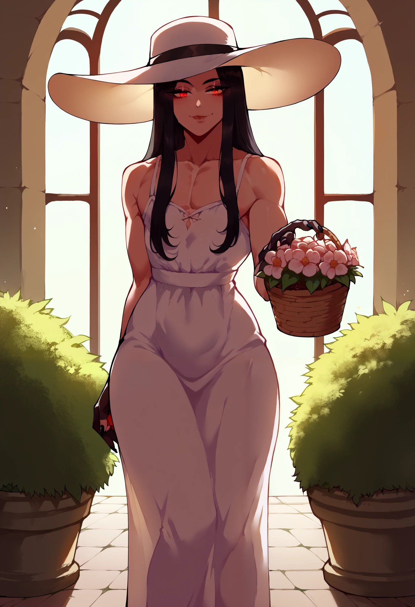 (score_9, score_8_up, seductive face, seductive expression, tall), garden, ggtestament formal, androgynous male, loose white sundress, black nails, black hair, puffy lips, closed mouth, smile, relaxed, wide hips, red eyes, holding flower basket, sun hat, gardening gloves, soft lighting, shadow, Nyantcha style, source_anime, 