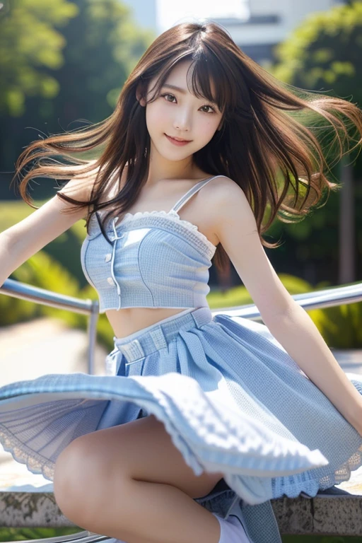  Realistic Photo Quality 、A Japanese model in a blue dress is posing for a photo, realistic  young gravure idol  ,  young cute gravure idol ,  young gravure idol  ,  young sensual gravure idol ,  young skinny gravure idol ,  looking at the camera、Detailed and beautiful eyes、 cute smile、Relaxed, soft, and gentle expression 