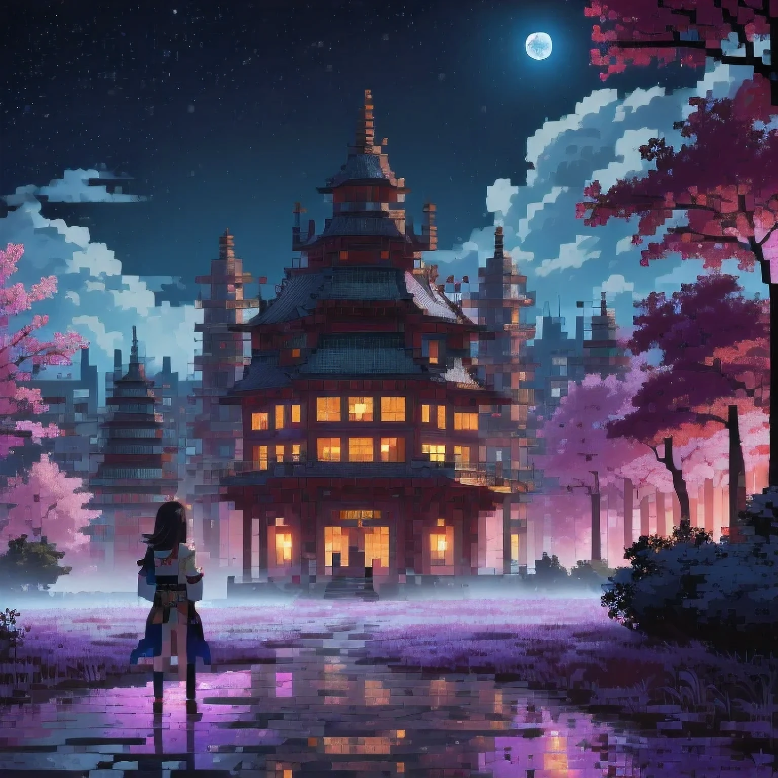 ((紫粉 City : 1.5)), (masterpiece), ( is the best quality: 1.0), ( Ultra High Resolution : 1.0), Detailed illustrations, Detailed Scenery , vibrant colors 紫粉 walking through the city, 8 K, night, Moon Clouds , ((magic, beautiful , Trees: 1.4 )), (( is the best quality, vibrant , 32 k Clear Lighting Effects )).
