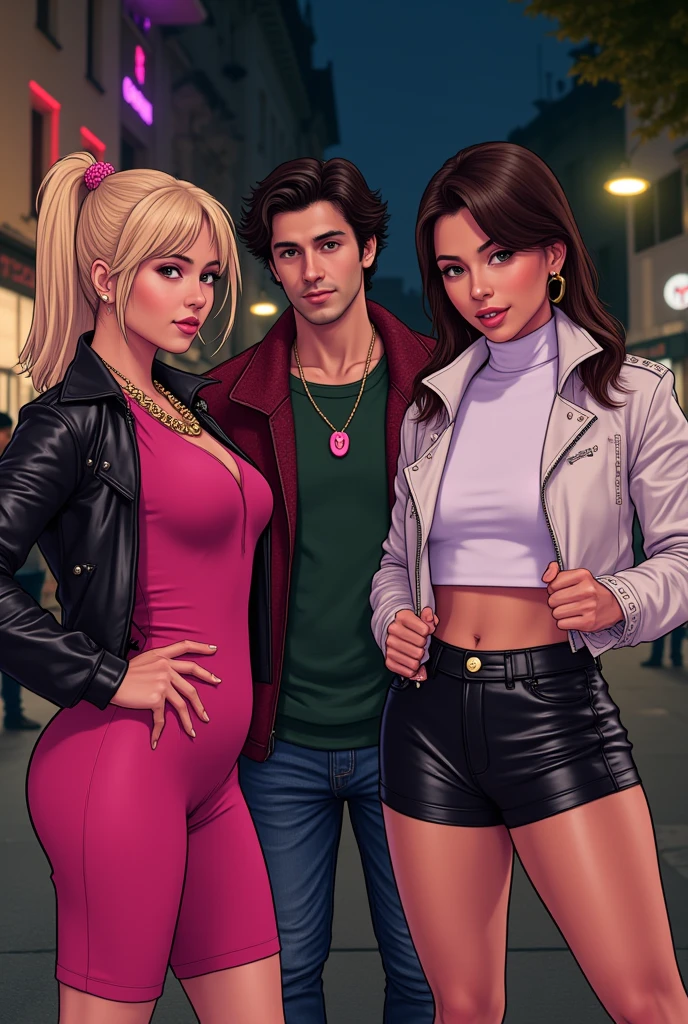 anime three girls all sitting together, first one is medium sized weight with brown hair and small blonde highlights with a middle part, with blue eyes, with medium sized lips. second one is somewhat skinny with a shaggy bright red long middle part haircut, small nose with big eyes with long eyelashes and medium sized lips, third one is medium sized and has curly black long hair, wearing a beanie, she has dark brown eyes with small lips and glasses