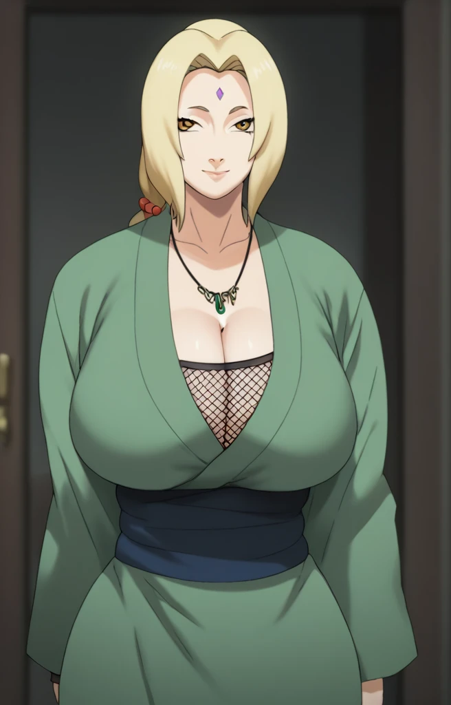 Tsunade senju,Big breast,Sagging big breast,Hitozuma,cleavage,uzumaki clan symbol in outfit,Wringkle in mouth,wedding ring,Sleeve outfit,old lady,Wringkle in face,Grandma who still have sexy body,Gilf,standing,potrait,Uzumaki tsunade,Sleeve,Wide hips,1girl,Solo,Tsunade necklace,Shirt with cleavage And uzumaki clan symbol,spreading swipe long wavy hair,green Pearl earring,Hair behind ear,Colorless lips,Blond hair,hime cut bang hair,happy,net bra,Face facing front