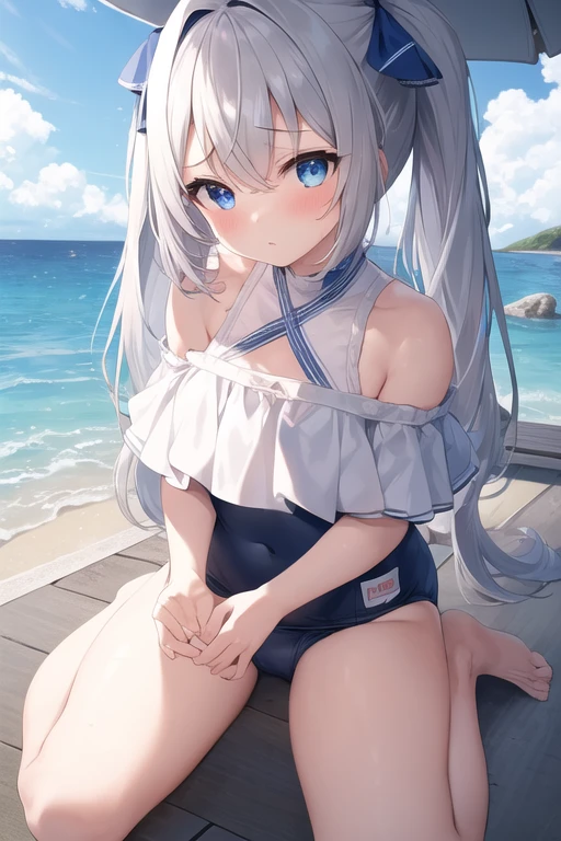 Clean detailed anime art, white hair girl, white hair god, beautiful anime girl, young anime girl, high quality anime art style, cute anime girl, cute anime girl with anime visual, perfect white hair girl, best quality, ultra high res, masterpiece, 1girl, solo, whiter_style_costume, daily_costume, brooch, s, all_ Fours, Elaina, Gray Hair, ((Beach)), Sea, Seaside, ((Black Stockings)))